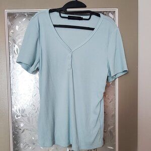 Like New Blue V Neck Ribbed Top by Merokeety - Size L